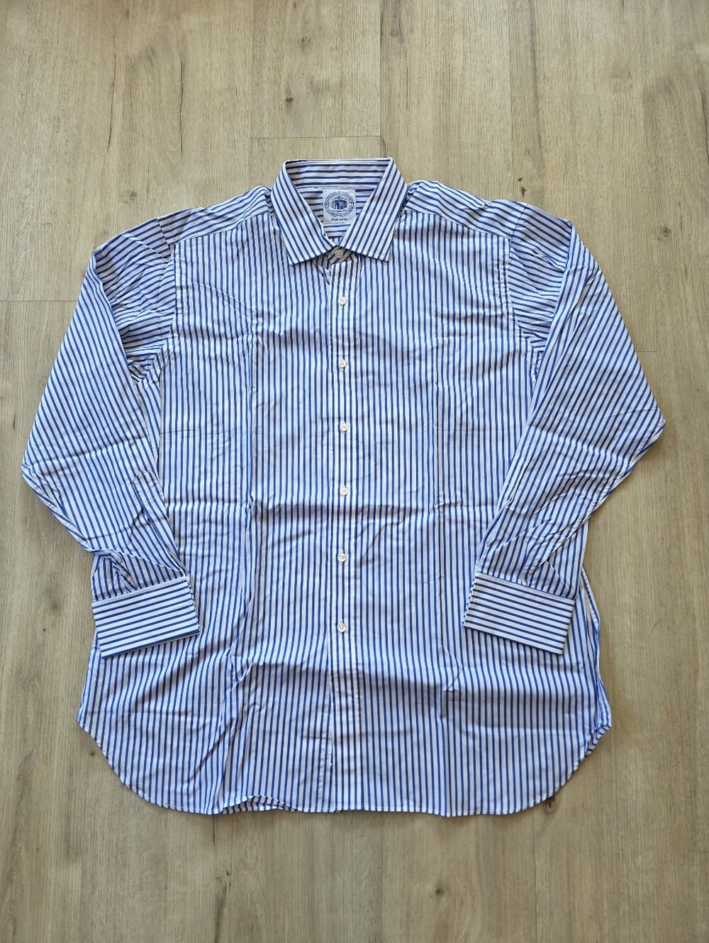 J. Press Men's Button Front Striped Shirt Size 17 French Cuff Blue
